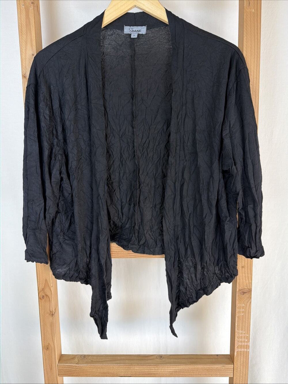 NWT Shana Black 3/4 Sleeve Tied Hem Crinkle Open Cropped Cardigan #0920 Size XL